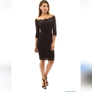 PattyBoutik Elegant Black Lace Off Shoulder Midi Dress Fist M NWT